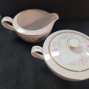 Creamer and Sugar Bowl with Lid Briar Rose by Valmont Pink Flower Gray Stems